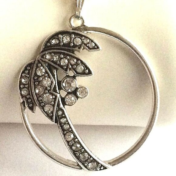 Palm Tree Pendant Necklace Crystal Silver Plated 23" X-Long Chain Coconut Island - Picture 1 of 12